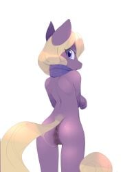 absurd_res anthro anus b-epon blonde_hair equid equine female genitals hair hi_res horse looking_at_viewer looking_back looking_back_at_viewer mammal nude puffy_anus purple_body pussy solo standing