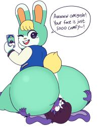 2021 animal_crossing ass ass_focus ass_grab ass_on_face blonde_hair blue_eyes blush bunny_ears bunny_tail dat_ass drawful-s facesitting femboy gay green_fur male male/male male_only nintendo phone purple_fur sasha_(animal_crossing)