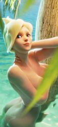 3d blonde_hair blue_eyes censored covering_breasts exposed_ass exposed_breasts in_water looking_at_viewer lowres mercy nude overwatch overwatch_2 sideboob swiss_angel