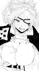 1boy 1girls alternate_breast_size asian asian_female baiken blush breasts cum cum_between_breasts cum_on_breasts ejaculation_between_breasts engulfing_paizuri eye_patch facial_expression greyscale guilty_gear guilty_gear_strive guilty_gear_xrd huge_breasts kaiman_(artist) kaiman_garupan large_breasts looking_at_viewer mammary_intercourse messy_hair monochrome one_arm paizuri paizuri_lead_by_female paizuri_on_lap pov pov_eye_contact pov_paizuri samurai straight