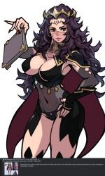 1girls black_hair black_panties book breasts cape cleavage female female_only fire_emblem fire_emblem_fates hand_on_hip highres holding holding_book large_breasts lips looking_at_viewer messy_hair mouth_veil nail_polish navel nintendo nyx_(fire_emblem) older panties red_eyes red_nails see-through smile solo underwear veil wahae