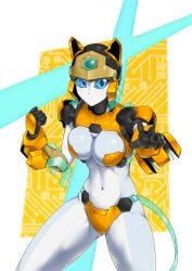 1girls animal_ears big_breasts blue_eyes breasts female female_only gynoid mouthless panties revealing_clothes robot robot_girl robot_humanoid solo solo_female solo_focus thick_thighs tigresa_(yuuyatails_oc) white_body yellow_panties yuuyatails