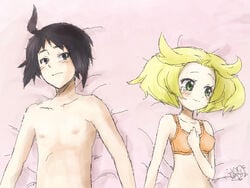 1boy 1girls bianca_(pokemon) black_eyes black_hair blonde_hair blush blushing bra cheren_(pokemon) color female green_eyes happy_tears human human_only male nintendo nude_male pokemon pokemon_bw pokemon_bw2 tearing_up toony