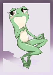 barefoot blush disney disney_princess embarrassed female female_only frog green_skin looking_at_viewer looking_away nude open_eyes princess solo tagme the_princess_and_the_frog tiana webbed_toes