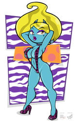 abstract_background arms_behind_head beauty_mark bikini blonde_hair blue_skin breasts cameltoe choker clothed clothes color corn_monkey eyelashes eyeshadow female female_only footwear high_heels jez jimmy_two-shoes large_breasts leopard_print lipstick mole monster monster_girl navel nipple_bulge open_mouth orange_eyes purple_lipstick roger_bacon signature skimpy sling_bikini solo standing tanline thick_lips