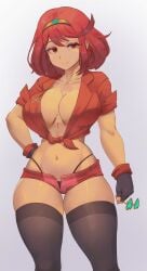 1girls 2022 absurd_res bangs black_panties booty_shorts breasts cleavage crop_top cutesexyrobutts_(style) female female_only hand_on_hip hips huge_breasts large_breasts lesottart looking_at_viewer nintendo open_shorts panties pyra red_eyes red_hair short_hair short_shorts shorts shorts_open simple_background slim_waist smile swept_bangs thick_thighs thighhighs thighs thong tied_shirt tied_top wide_hips xenoblade_(series) xenoblade_chronicles_2