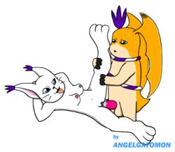 1boy 1girls angelgatomon_(artist) animal_penis anthro balls ballsack color digimon erection female fur furry gatomon interspecies male patamon penetration penis penis_in_vagina scrotum sex smooth_penis straight tail testicles toony vaginal_penetration