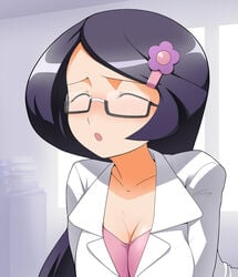 :o blush book breasts bust cleavage closed_eyes female female_only fennel_(pokemon) flower glasses hair_ornament hairclip human jouwan labcoat long_hair nintendo pokemon pokemon_bw purple_hair semi-rimless_glasses solo under-rim_glasses