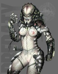 abs alien armed armor black_hair bottomless braid breasts claws dark_hair english_text facial_markings female female_yautja grey_skin gun horns long_hair looking_at_viewer markings mirapony muscles nipples predator predator_(franchise) ranged_weapon solo spots text topless uncensored vagina weapon yautja yellow_eyes