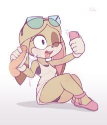 2017 anthro balls blue_eyes buckteeth bunny_girl_(sonic_boom) cellphone couple cum cum_on_arm cum_on_face cum_string cumdrip cumstring disembodied_penis erection female_focus kekitopu lagomorph mammal open_mouth penis pink_shoes rabbit saliva_string selfie slightly_chubby smile sonic_(series) sonic_boom sunglasses sunglasses_on_head tank_top tongue tongue_out wink