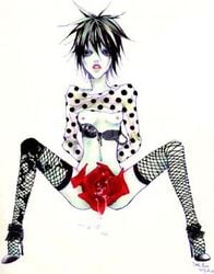 artist_request black_hair bra breasts clothes color death_note female female_only footwear front_view hair high_heels human l_lawliet looking_at_viewer nipples open_eyes rule_63 shirt_lift shoes short_hair simple_background sitting solo white_background