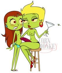 2girls ass_grab blonde_hair brown_hair corn_monkey demoness demons drunk earrings female green_skin hand_in_panties high_heels hoop_earrings incest mandy_hellman milf mother_and_daughter multiple_girls neighbors_from_hell no_bra red_eyes slippers strap-on tina_hellman topless yuri