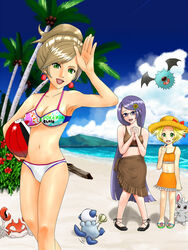 3girls aurea_juniper beach beach_ball bianca_(pokemon) bikini blonde_hair brown_hair earrings female female_only fennel_(pokemon) game_freak glasses green_eyes holding_beach_ball krabby medium_breasts minccino multiple_females nintendo oshawott outdoors pigeon-toed pokemon pokemon_(species) pokemon_bw pokemon_professor purple_hair saty-rokuji waving_at_viewer woobat