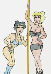 2girls big_breasts black_hair blonde_hair blondie_(comic) blondie_bumstead boots bra cleavage colored_sketch female female_only high_heels multiple_girls panties sketch stripper stripper_pole tagme tootsie_woodley unknown_artist white_background