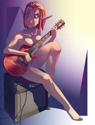 1girls amplifier artist_request ashelin_praxis bare_legs bare_shoulders barefoot bottomless breast_squish breasts casual cleavage collarbone dreadlocks electric_guitar facial_mark facial_markings facial_tattoo female female_only guitar holding_object jak_and_daxter large_breasts leg_up looking_down musical_instrument naughty_dog no_bra no_panties nude playing_instrument pointy_ears red_hair short_hair sitting smile solo tattoo thighs topless white_skin