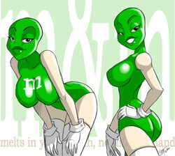 1girls aeolus06 ass big_breasts breasts candy cleavage female female_only food_creature gloves living_candy living_food looking_at_viewer looking_back m&m's mars_incorporated mascots ms._green sideboob smiling solo spokescandy thigh_highs what