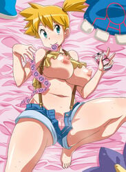 1girls alternate_breast_size breasts cameltoe condom erect_nipples green_eyes gym_leader huge_breasts human kyogre lapras misty_(pokemon) mouth_hold navel nintendo nipples nori_(akusei_shinseibutsu) orange_hair phone pokemon pokemon_rgby pussy short_hair shorts side_ponytail starmie suspenders sweat uncensored v