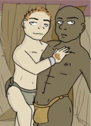 belkar_bitterleaf brown_skin bulge gay halfling human interspecies loincloth male_only no_visible_genitalia pale-skinned_male pale_skin pose roy_greenhilt size_difference the_order_of_the_stick toony webcomic