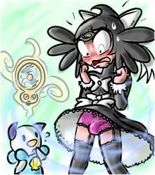 1boy anthro blush color embarrassed enm furry gothitelle male male_only male_pokemon nintendo open_mouth oshawott pokemon pokemon_(species) pokemon_bw pokemon_dppt rotom skirt skirt_lift solo_focus standing straight_hair trap underwear