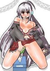 blush breasts censored cucumber long_hair masturbation mosaiq_(lovechild) nipples red_eyes silver_hair sukone_tei utau vocaloid