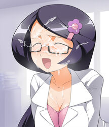 :d blush book breasts breath bust cleavage closed_eyes cum cum_in_hair cum_on_body cum_on_glasses cum_on_hair cum_on_upper_body facial female female_only fennel_(pokemon) flower glasses hair_ornament hairclip happy_facial human jouwan labcoat long_hair nintendo open_mouth pokemon pokemon_bw purple_hair semi-rimless_glasses smile solo under-rim_glasses