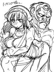 1boy 1girls bent_over big_breasts braid breast_hold breasts capcom cleavage facial_hair female hakan hakan's_wife hat husband_and_wife large_breasts long_hair male melike milf monochrome moustache no_pupils sketch straight_hair street_fighter street_fighter_iv super_street_fighter_iv tokita_monta twin_braids