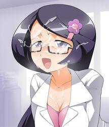 :d blush book breasts breath bust cleavage cum cum_on_body cum_on_glasses cum_on_hair cum_on_upper_body facial female female_only fennel_(pokemon) flower glasses hair_ornament hairclip happy_facial human jouwan labcoat long_hair nintendo open_mouth pokemon pokemon_bw purple_hair semi-rimless_glasses smile solo under-rim_glasses