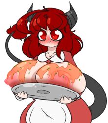 akai_(byternomar) areola areolae big_breasts blush breasts breasts_on_plate breasts_out byternomar cow_girl cow_horns dialgafirewolf embarrassed fully_clothed horns milf oc plate resting_breasts sause transparent_background wide_hips