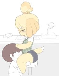 accessory animal_crossing animal_crossing_boy anthro anthro_focus aroused artist_logo bell biped blonde_hair blue_bottomwear blue_clothing blush bottomwear brown_hair chair clothed clothing digital_drawing_(artwork) digital_media_(artwork) duo electronics erection erection_under_clothing face_in_crotch faceless_character faceless_human faceless_male female female_focus fully_clothed furniture green_clothing green_topwear hair hair_accessory hair_tie half-closed_eyes human interspecies isabelle_(animal_crossing) logo looking_down looking_down_at_partner male mammal microphone narrowed_eyes nintendo on_chair open_mouth plantigrade pokopokarea shirt side_view simple_background skirt solo_focus table topwear unprofessional_behavior vest villager_(animal_crossing) white_background