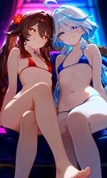 2girls ai_generated barefoot brat bratty crossing_legs female_only flat flat_chest flat_chested flat_chested_female furina_(genshin_impact) genshin_impact hu_tao_(genshin_impact) impacter looking_down looking_down_at_viewer micro_bikini neon_lights sitting slutty_female slutty_smile smile smile_at_viewer smiling smiling_at_viewer wide_hips