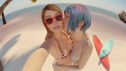 2girls 3d beach bikini blonde_hair blue_hair chloe_price cleavage duo female female_only human kissing life_is_strange light-skinned_female light_skin long_hair looking_at_viewer multiple_girls ocean pale-skinned_female palm_tree panties quilsfm rachel_amber selfie short_hair sunglasses surfboard teen teenager tinted_eyewear wholesome yuri