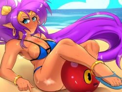 1girls alternate_version_available armwear beach beach_ball bikini bikini_bottom bikini_top blue_bikini blue_eyes bottomwear bracelet breasts cleavage ear_piercing earrings female female_only footwear hair hoop_earrings medium_breasts pointy_ears ponytail purple_hair sandals shantae shantae_(character) smile smiling solo solo_female steam sweat sweatdrop swimwear tagme_(artist) thighs topwear