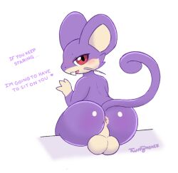 anus ass backsack balls big_balls big_butt blush dialogue english_text femboy feral fluffydasher fur furry furry_only genitals looking_at_viewer looking_back male male_only mammal nintendo phone_drawing pokémon_(species) pokemon pokemon_only rattata rodent sitting solo suggestive_dialogue tail text video_games