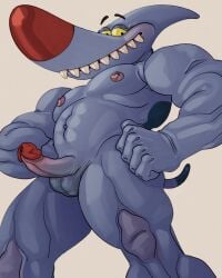 4:5 abs absurd_res anthro balls big_nose black_eyebrows canid canine canis domestic_dog eek!_the_cat erection eyebrows fin fox_kids genitals glans grey_body grey_skin hi_res hybrid long_muzzle looking_at_viewer low-angle_view male mammal markings muscular muscular_arms muscular_legs muscular_male nelvana nipples pecs penis pose purple_nipples ravuer red_glans red_nose shark_teeth sharky_(eek!_the_cat) sharp_teeth short_tail simple_background small_balls small_penis small_tail smile smiling_at_viewer solo spots spotted_body spotted_skin standing tail teeth yellow_eyes