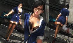 3d 3d_(artwork) 3dcg absurd_res absurdres artist_request ass beautiful_woman black_bra black_hair_female blue_miniskirt blue_skirt brown_eyes brown_stockings brown_thighhighs choi_ji_yoon_(counter-strike) cleavage collarbone counter-strike_(series) counter-strike_online dead_or_alive earrings emotionless emotionless_female expressionless glasses heavenly_ass heavenly_body high_resolution highres huge_breasts indifferent mature_woman miniskirt pencil_skirt pink_lipstick see-through_stockings short_hair short_skirt skirt strutting tattoo unbothered