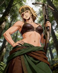 ai_generated armpit athletic_female bandana belly belly_button big_breasts blonde-haired_female blonde_female blonde_hair blonde_hair_female blue_eyes boobs bra breasts clothes_pulled_down collarbone crossbow doofusschlormpai female_focus female_only fit fit_female forest forest_background half-dressed half_naked hand_on_hip headband hild_(vinland_saga) holding_crossbow hunter huntress large_breasts leather_bra light-skinned_female light_skin lingerie long_hair looking_down low-angle_view low_angle_view manga manga_style mature_female mature_woman medieval navel nordic norse_woman outdoors outside pale-skinned_female pale_skin perfect_body pulled_down_clothes scandinavian scar_across_eye sexy sexy_body sexy_female sexy_pose shirtless solo_female solo_focus stable_diffusion standing standing_over_viewer toned_female topless topless_female tummy viking_female vinland_saga