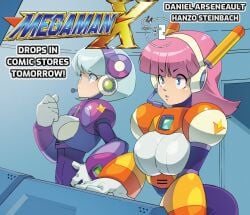 2026 2girls android android_girl antennae beautiful blue_eyes breasts capcom cleavage cover cover_art curvy curvy_female curvy_figure cute female female_only hanzo_steinbach headgear headphones headset headwear highres light_blue_hair luna_(mega_man) mega_man mega_man_x minerva_(mega_man) navigator_(maverick_hunter_x) official official_art open_mouth pink_hair reploid robot robot_girl robot_humanoid short_hair udon_entertainment