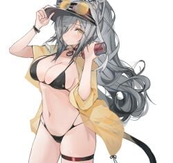 1girls arknights belly belly_button big_breasts big_hips bikini bikini_bottom bikini_top cat_ears cat_girl cat_tail catgirl choker collar feline female female_only glasses glasses_on_head grey_fur grey_hair hat kenomimi large_breasts large_hips light_grey_fur light_grey_hair long_hair mikozin necklace schwarz_(arknights) soda soda_can solo solo_focus swimsuit thick_thighs thigh_strap wristband yellow_eyes