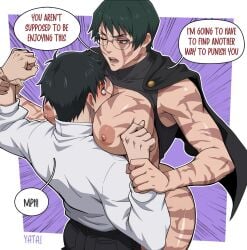 1boy 1girls aggressive_female big_breasts dialogue english_text female femdom imminent_sex jujutsu_kaisen scarred scarred_body scarred_breasts scarred_face scars smothering speech_bubble yatagarasupen yuta_okkotsu zenin_maki
