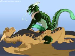 2_penises 4:3 anal anal_sex arm_tattoo big_penis claws dragon duo ear_piercing eastern_dragon erection feral feral_on_feral feral_penetrated feral_penetrating feral_penetrating_feral genitals green_penis hi_res horn jewelry kerchief kerchief_only knot knotted_penis looking_at_another looking_pleasured male male/male male_penetrated male_penetrating male_penetrating_male membrane_(anatomy) membranous_wings mostly_nude multi_genitalia multi_penis mythological_creature mythological_scalie mythology neckerchief neckerchief_only necklace necklace_only neckwear nude open_mouth penetration penile penile_penetration penis penis_in_ass piercing sandwing_(wof) scalie sex sine_nomine_x sitting sitting_on_another size_difference smaller_penetrated smile tail tattoo tongue tongue_out wings wings_of_fire
