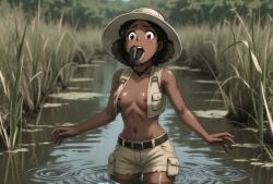 ai_generated body_invasion brown_skin exposed_breasts female functionally_nude green_eyes grok leech oral parasite river safari safari_jacket shorter_than_10_seconds small_breasts sound swallowing tagme unwilling_pred variant video vore