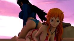 2girls 3d animated ass ass_cleavage ass_focus ass_shake big_ass big_breasts bikini black_hair butt butt_crack butt_focus cleavage clothing eyewear_on_head fart fart_fetish farting female female_only fetishtrash light-skinned_female nami nico_robin one_piece post-timeskip red_hair sideboob sitting sitting_on_ass sitting_on_person sound source_filmmaker tagme video yuri