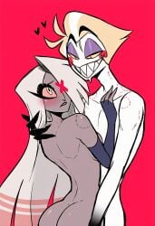 1boy 1girls ai_generated ass back bite_mark blonde_hair blush blushing breasts butt cheating cheating_girlfriend cheating_husband close_together demon dking1311 eyes fallen_angel female grey_body hazbin_hotel hugging infidelity latina long_hair lucifer_morningstar_(hazbin_hotel) lustful_gaze male male/female novelai ntr nude nude_female nude_male older_male older_male_and_younger_female red_eyes sharp_claws sharp_teeth short_hair sideboob silver_hair simple_background smile smiling standing un-lesbianed vaggi_(hazbin_hotel) vaggie vaggie_(hazbin_hotel) vivienne_medrano white_body younger_female