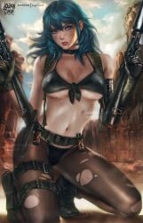 1girls absurdres alternate_costume artist_logo artist_name asymmetrical_gloves bangs belt bikini black_bikini black_panties blue_eyes blue_hair boots breasts byleth_(female)_(fire_emblem) byleth_(fire_emblem) byleth_(fire_emblem)_(female) choker cosplay day dirty dirty_face dual_wielding elbow_gloves female_only fire_emblem fire_emblem:_three_houses front-tie_bikini front-tie_bikini_top front-tie_top gloves gun highres holding kneeling knife large_breasts lips logan_cure long_hair looking_at_viewer medium_hair metal_gear_(series) metal_gear_solid metal_gear_solid_v metal_gear_solid_v:_the_phantom_pain mismatched_gloves navel nintendo outdoors paid_reward_available panties pantyhose patreon_username purple_eyes quiet_(metal_gear) quiet_(metal_gear)_(cosplay) reward_available short_hair single_elbow_glove sky solo sweat swimsuit teal_hair torn_clothes torn_legwear torn_pantyhose underboob watermark