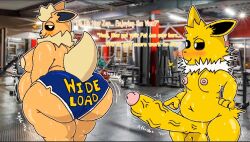 4_fingers anthro ass balls belly big_belly big_butt big_penis blue_clothing blush bodily_fluids bottomwear clothing colored domlol duo eeveelution fingers flare_(domlol) flareon fur generation_1_pokemon genitals gesture glistening glistening_body gym hand_gesture huge_butt huge_cock jolteon male male/male nintendo nipples orange_body orange_fur overweight penis pointing pointing_at_penis pokemon pokemon_(species) presenting presenting_hindquarters shorts shortstack sweat tan_body tan_fur text text_on_clothing vein veiny_penis white_body white_fur wide_load yellow_body yellow_fur zap_(domlol)