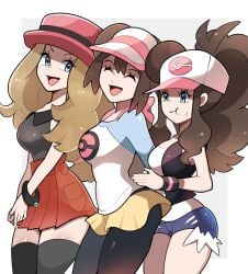 3girls :t black_pantyhose black_shirt black_thighhighs black_vest blonde_hair blue_eyes breasts brown_hair closed_mouth commentary cutoffs denim denim_shorts donut_hair_bun double_bun english_commentary exposed_pocket eyewear_on_headwear female female_only hair_bun hat high_ponytail highres hilda_(pokemon) large_breasts long_hair mega_ring multiple_girls nintendo open_clothes open_mouth open_vest pantyhose pantyhose_under_shorts pink_hat pokemon pokemon_bw pokemon_bw2 pokemon_xy ponytail pout raglan_sleeves red_hat red_skirt rosa_(pokemon) serena_(pokemon) shirt shorts sidelocks skirt sleeveless sleeveless_shirt smile sunglasses sweatdrop thighhighs touyarokii twintails vest visor_cap white-framed_eyewear white_shirt wristband yellow_shorts