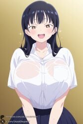 1girl breasts solo shirt wet skirt long_hair wet_clothes black_hair smile white_shirt looking_at_viewer brown_eyes open_mouth huge_breasts blush short_sleeves blue_skirt collared_shirt wet_shirt school_uniform pleated_skirt bangs sweat see-through gradient_background gradient collarbone :d +_+ sparkle shirt_tucked_in tented_shirt teeth watermark yamada_anna boku_no_kokoro_no_yabai_yatsu unjobdespiert ai_generated 1female curvy huge_ass big_breasts big_ass 1girls 2026 artist_name hi_res highres high_quality high_resolution patreon_username patreon