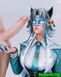 1boy 1boy1girl 1girls 3d 3d_(artwork) ami_han animal_ears asian_female big_penis blue_eyes breasts cleavage clothed_female cock_on_face collar detailed eye_contact female female_focus fox_ears fox_girl glowing glowing_eyes hand_on_penis handjob hetero_sex highres holding_penis huge_cock jacket korean_female large_breasts looking_at_viewer marvel marvel_comics marvel_rivals mask masked masked_female medium_hair mrbag3d necktie nude_male painted_nails penis_near_face penis_on_face seductive straight suit thick_thighs uroboros3dx veiny_penis white_female white_fox_(marvel) white_fox_(marvel_rivals) white_hair white_male wide_hips