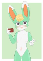 2021 animal_crossing blush bunny cute dblack featureless_crotch furry male male_only nintendo nipples sasha_(animal_crossing) smartphone