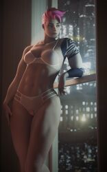 10:16 1girls 3d 3d_(artwork) abs bare_shoulders belly bikini blizzard_entertainment bra breasts city cleavage detailed_background feet_out_of_frame female female_only fugtrup green_eyes hair half-closed_eyes hand_on_hip hi_res highres leaning_on_elbow light-skinned_female light_skin lingerie looking_to_the_side muscular muscular_female navel night overwatch overwatch_2 panties pink_hair pubic_hair scar scar_on_face see-through see-through_panties short_hair small_breasts solo solo_female standing tattoo tattooed_arm thick_thighs thighs white_bikini window zarya